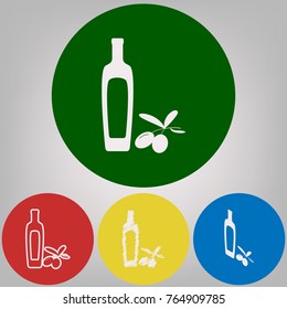 Black olives branch with olive oil bottle sign. Vector. 4 white styles of icon at 4 colored circles on light gray background.