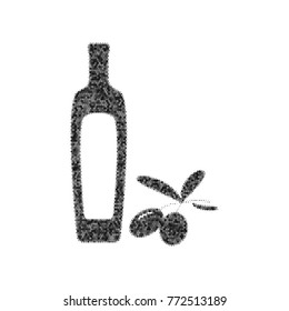 Black olives branch with olive oil bottle sign. Vector. Black icon from many ovelapping circles with random opacity on white background. Noisy. Isolated.