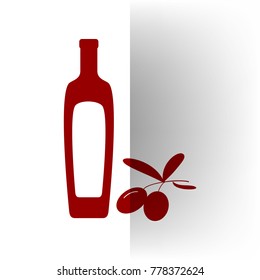 Black olives branch with olive oil bottle sign. Vector. Bordo icon on white bending paper background.