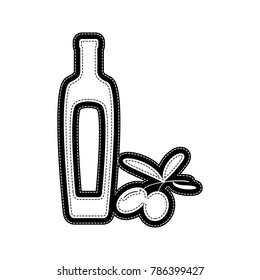 Black olives branch with olive oil bottle sign. Vector. Flat style black icon on white.