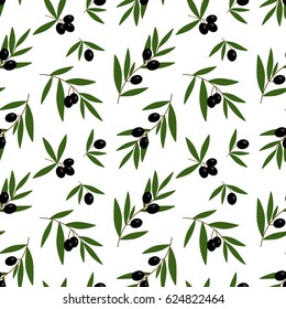 black olives branches with green leaves oil pattern on a white background seamless vector