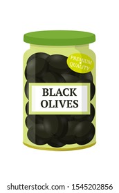 Black olives in glass jar flat vector illustration. Eco product isolated clipart on white background. Premium quality organic canned olives. Natural olea europaea cartoon design element