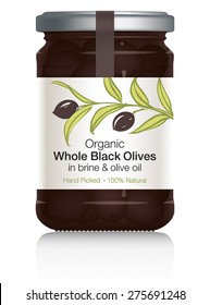 Black Olives Glass Jar with Label Design - black ripe olives on branch with leaves on white label. Silver lid. Hand drawn with brush & ink. Vector visual illustration. Fully adjustable & scalable.