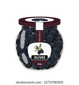 Black olives in glass jar. Marinated olives. Illustration jar pickled olive snack. Flat illustration on white background.