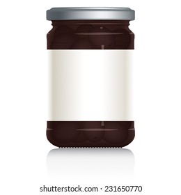 Black Olives Jar with blank white label, vector visual illustration, Drawn with mesh tool. Fully adjustable & scalable.