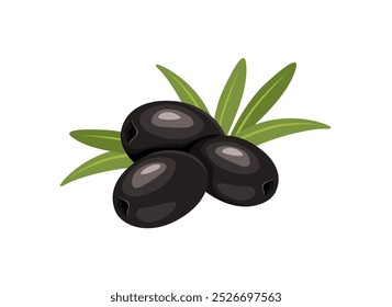 Black olives with leaves isolated on white background. Vector cartoon flat illustration. Food icon.