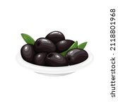 Black olives with leaves in a white bowl vector illustrator.