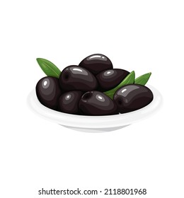 Black olives with leaves in a white bowl vector illustrator.