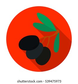 Black olives on the branch icon in flat style isolated on white background. Greece symbol stock vector illustration.