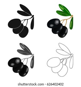 Black olives on the branch icon in cartoon style isolated on white background. Greece symbol stock vector illustration.