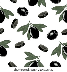 Aceitunas negras, en una rama, rodajas, posadas sobre un fondo blanco.El patrón vectorial de aceitunas se puede usar en textiles, papel pintado, pancartas.