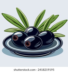 Black olives on a plate with leaves