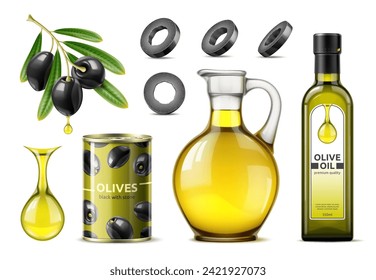 Aceitunas negras, frasco realista, lata y botella de aceite de oliva. Contenedor aislado de estaño vectorial 3d con aceitunas claras y oscuras, preservando su rico y arriesgado sabor. Vaso de vidrio con líquido dorado para la cocina