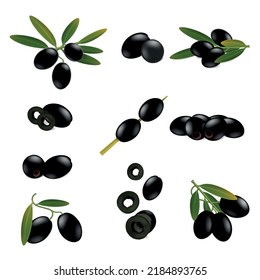 Black olives realistic set with isolated images of olives with buds leaves sliced and on stick vector illustration