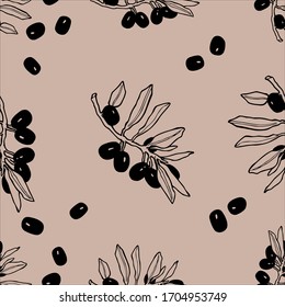 Modalidades sin fisuras de aceitunas negras. Hermosa rama con hojas. Impresión moderna, papel pintado, fondo, decoración, envoltura, impresión, textil, tela.