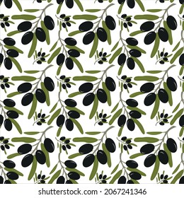 Black olives seamless pattern. Beautiful vector seamless pattern with olives on a white background. Suitable for wallpapers, web page backgrounds, surface textures, textiles.