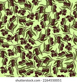 Aceitunas negras sin soldadura sobre fondo verde, para tejidos, papel de envoltura, fondo, textil, pancarta