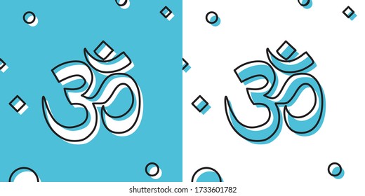 Black Om or Aum Indian sacred sound icon on blue and white background. Symbol of Buddhism and Hinduism religions. The symbol of the divine triad of Brahma, Vishnu and Shiva. Vector Illustration
