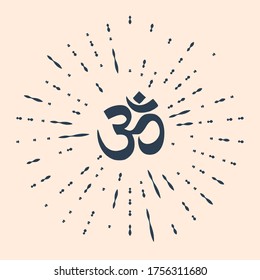 Black Om or Aum Indian sacred sound icon isolated on beige background. Symbol of Buddhism and Hinduism religions. The symbol of the divine triad of Brahma, Vishnu and Shiva. Vector Illustration