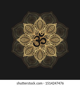 Black om symbol on golden floral pattern