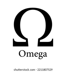 Black Omega Symbol Icon With Name. Greek Alphabet Letter