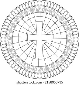 black on transparent Christian cross mandala with floral motifs and framing