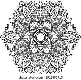 Black on transparent isolated doodle hexagon mandala, for printable coloring, stress relief, coloring therapy 