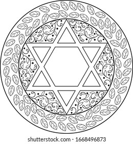 Black on transparent leaves circle frame Jewish mandala of six pointed star decorated with floral motifs.
Use for Jewish holidays decoration, travel blogs, web site template, coloring activities.