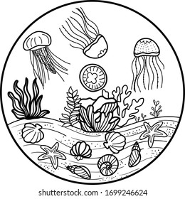 Black on transparent marine life flat round vector illustration. Use for coloring book, children illustrations,thematic decorations