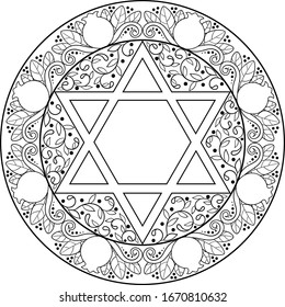 Negro sobre frutas granadas transparente marco de círculo con mandala judía de seis estrellas puntiagudas decoradas con motivos florales.
Uso para la decoración de vacaciones jewish, blogs de viajes, plantilla de sitio web, colorear