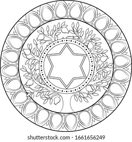 Black on transparent Star of David copy space inside decorated circle within pomegranate tree, surrounded by gems circle frame. Black on transparent linear religious decoration template