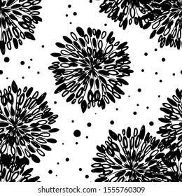 black on white abstract burdock hand drawn flower balls repeating pattern 