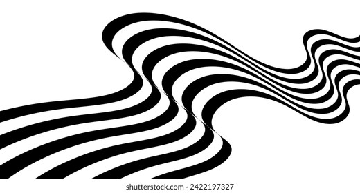 Black on white abstract perspective line stripes with 3d dimensional effect isolated on white.