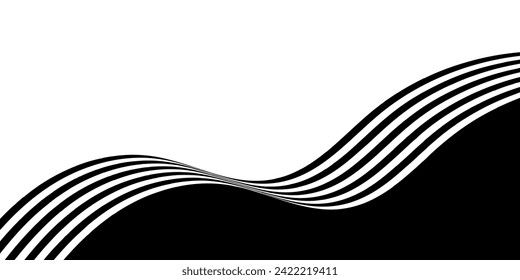 Black on white abstract perspective line wave stripes with 3d dimensional effect isolated on white.