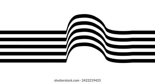 Black on white abstract perspective line wave stripes with 3d dimensional effect isolated on white.