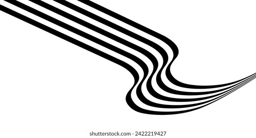 Black on white abstract perspective line wave stripes with 3d dimensional effect isolated on white.