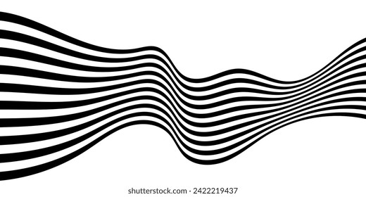 Black on white abstract perspective line wave stripes with 3d dimensional effect isolated on white.