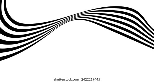 Black on white abstract perspective line wave stripes with 3d dimensional effect isolated on white.