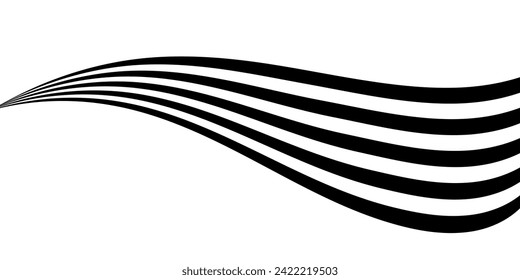 Black on white abstract perspective line wave stripes with 3d dimensional effect isolated on white.