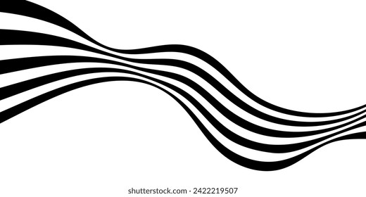 Black on white abstract perspective line wave stripes with 3d dimensional effect isolated on white.