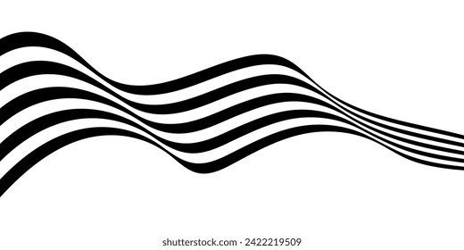 Black on white abstract perspective line wave stripes with 3d dimensional effect isolated on white.