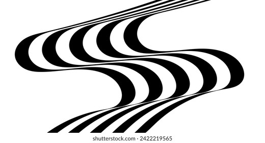 Black on white abstract perspective line wave stripes with 3d dimensional effect isolated on white.