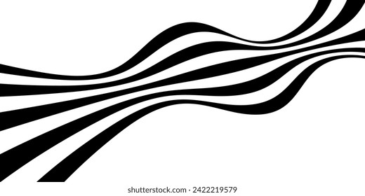 Black on white abstract perspective line wave stripes with 3d dimensional effect isolated on white.