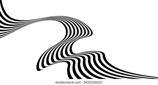 Black on white abstract perspective line stripes with 3d dimensional effect isolated on white.