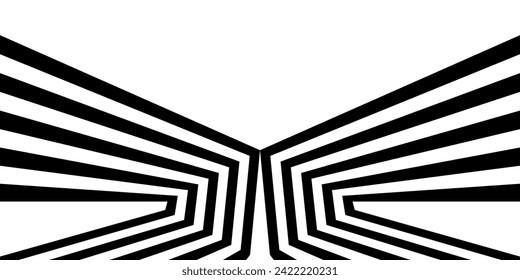 Black on white abstract perspective line stripes with 3d dimensional effect isolated on white.