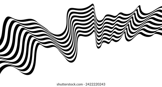 Black on white abstract perspective line stripes with 3d dimensional effect isolated on white.