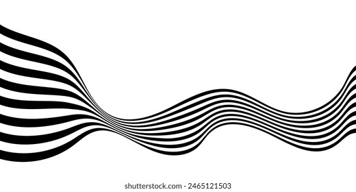 Black on white abstract perspective line stripes with 3d dimensional effect isolated on white.