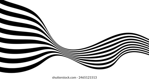 Black on white abstract perspective line stripes with 3d dimensional effect isolated on white.
