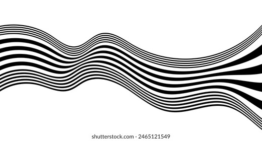 Black on white abstract perspective line stripes with 3d dimensional effect isolated on white.