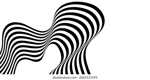 Black on white abstract perspective line stripes with 3d dimensional effect isolated on white.